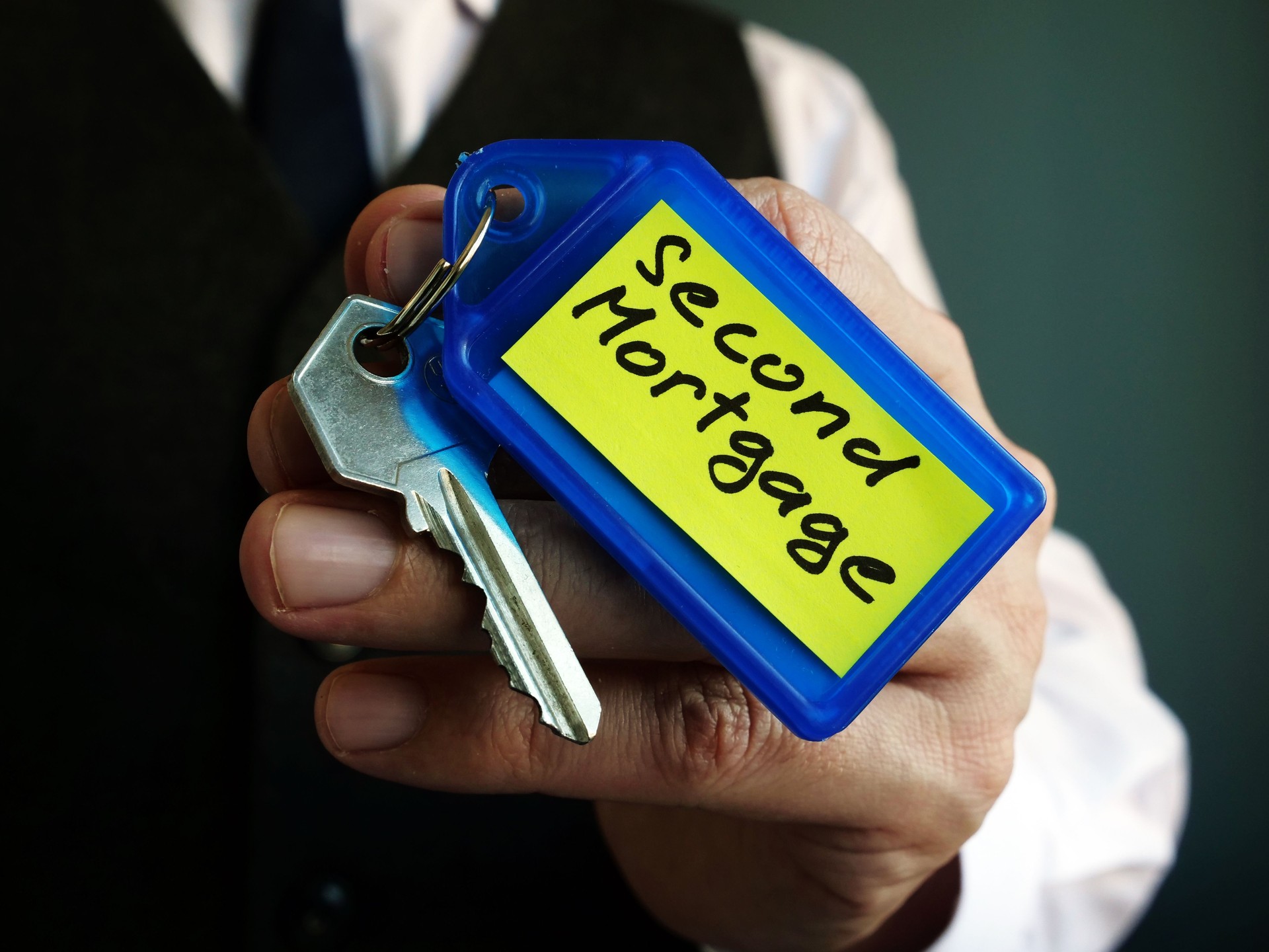 Man holds key with Second Mortgage sign.